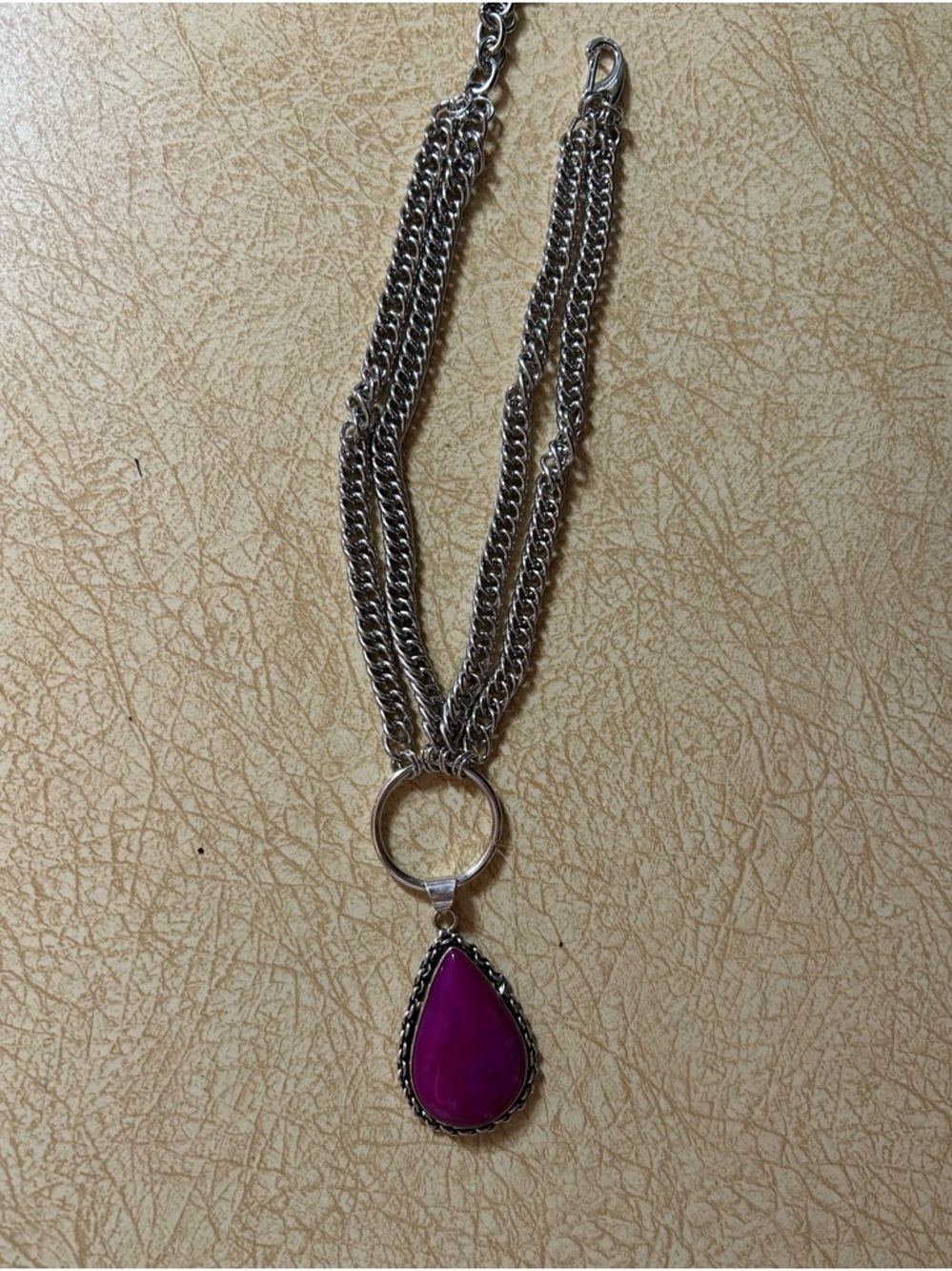 Multi-Strand Silver Necklace with Magenta Teardrop Pendant